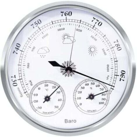 Analoge Wetterstation – Analoge Wetterstation für den Innen- und Außenbereich – Bestehend aus Barometer, Thermometer und Hygrometer (Silber, 128 mm)