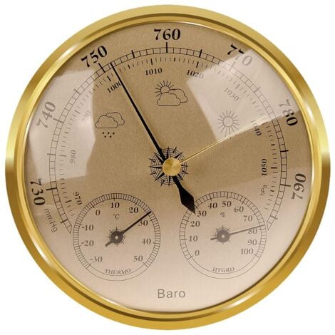 MEMKEY Analoge Wetterstation – Analoge Wetterstation für drinnen und draußen – bestehend aus Barometer, Thermometer und Hygrometer – geeignet für Garten, Schlafzimmer (Gold, 128 mm)