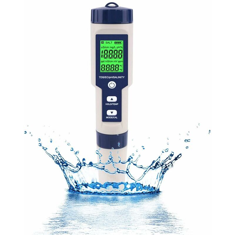 Analyse de l'eau de piscine,PH-mètre électronique 5 en 1, testeur de qualité de l'eau pH et TDS et EC salinité et température, affichage LCD et