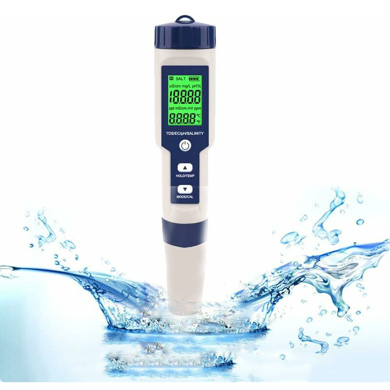 Tonchean - Analyse de l'eau de piscine,Testeur électronique de PH-mètre, 5 en 1 ph Testeur Thermomètre de poche Qualité de l'eau ph ec Sel tds pour