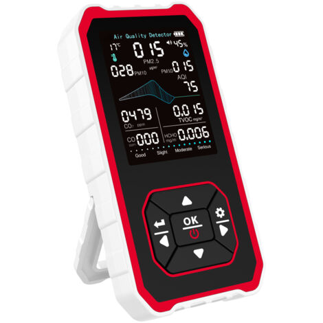 Analyseur de qualité de l'air intérieur portable 10 en 1 avec support, mesure en temps réel de l'IQA, CO₂, CO, PM2.5, PM1.0, PM10, COVT, HCHO, température et humidité. Alerte blanche/rouge.