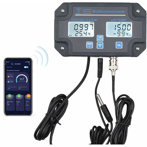 Analyseur de qualité de l'eau 6-en-1 multifonctionnel wifi PH/EC/TDS/SALT/S.G/Température Contrôle APP Poussée d'alarme Affichage numérique écran rétro-éclairé Montage mural gris 230V Euro jauge PH-W3