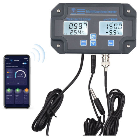 Analyseur de qualité d'eau wifi 6-en-1 multifonctionnel PH/EC/TDS/SALT/S.G/Temperature APP Control Alarm Push Digital Display Wall Mounted Grey 230V European Standard