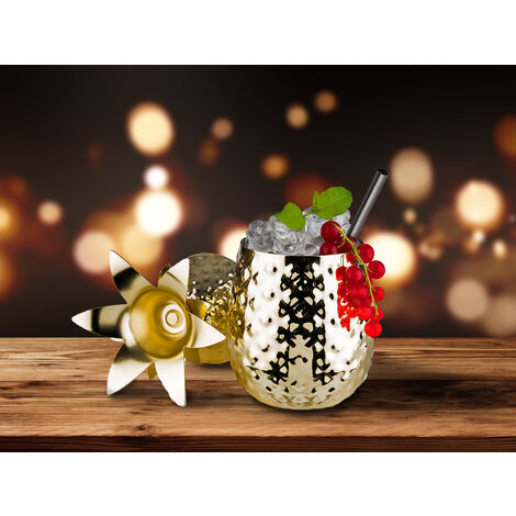 Ananas Cocktailbecher 500ml Goldfarbig mit Deckel und Metall Strohhalm