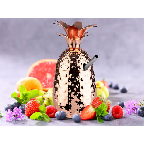 Ananas Cocktailbecher 500ml in Kupfer mit Deckel und Metall Strohhalm