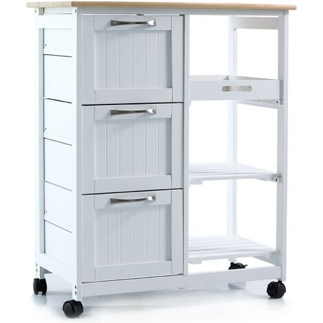 AUTRES anaterra® Küchenwagen - auf Rollen, 67x37x84cm, 3 Ebenen, mit 3 Schubladen, Arbeitsplatte, Holz, Weiß - Servierwagen, Rollwagen, Küchentrolley im Landhausstil, Kücheninsel, Küchenschrank, Küchenregal