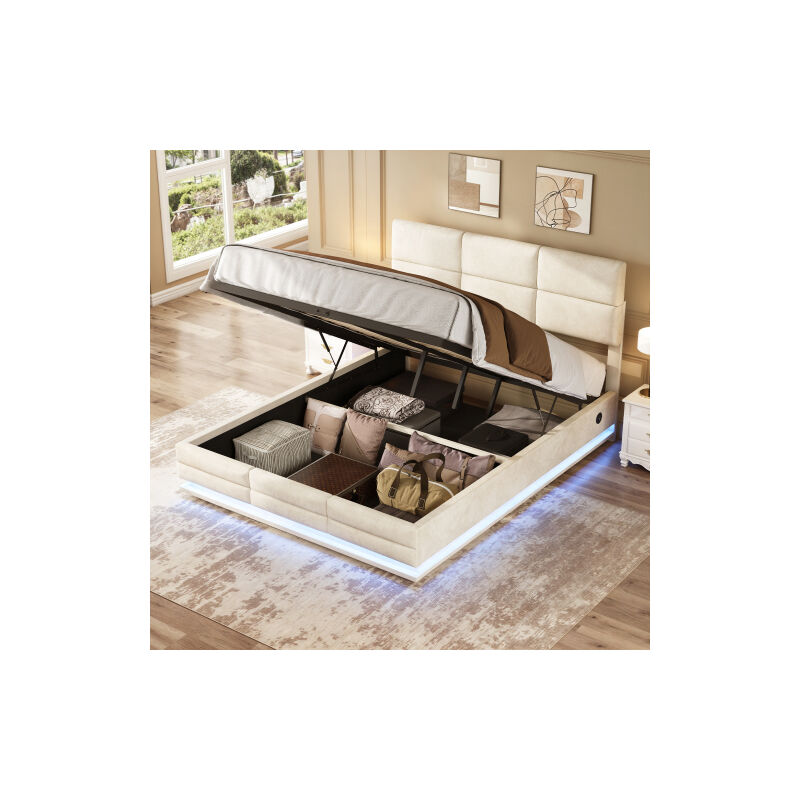 Okwish - Lit coffre 140x200 cm lit adulte lit double avec fonction de charge usb, éclairage led et système hydraulique, en velours, beige, sans