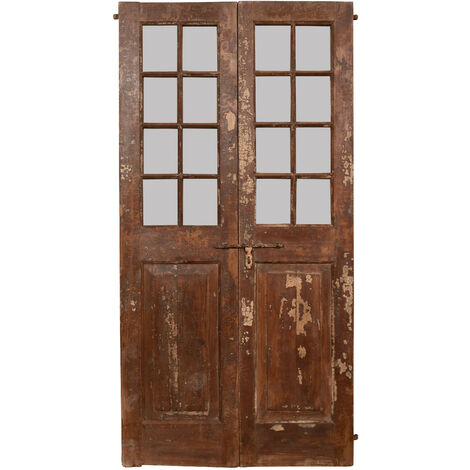 Ancienne porte médiévale intérieure ou extérieure en bois massif et fer avec encadrement