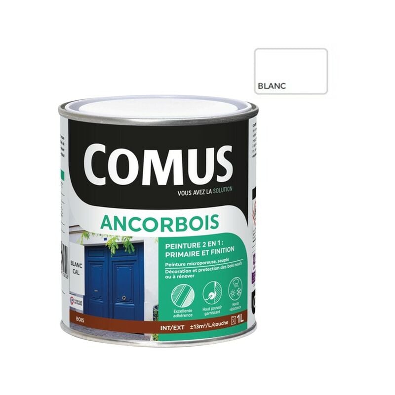 Ancorbois blanc 1L - Peinture de protection et de décoration microporeuse 2 en 1 (primaire et finition) bois