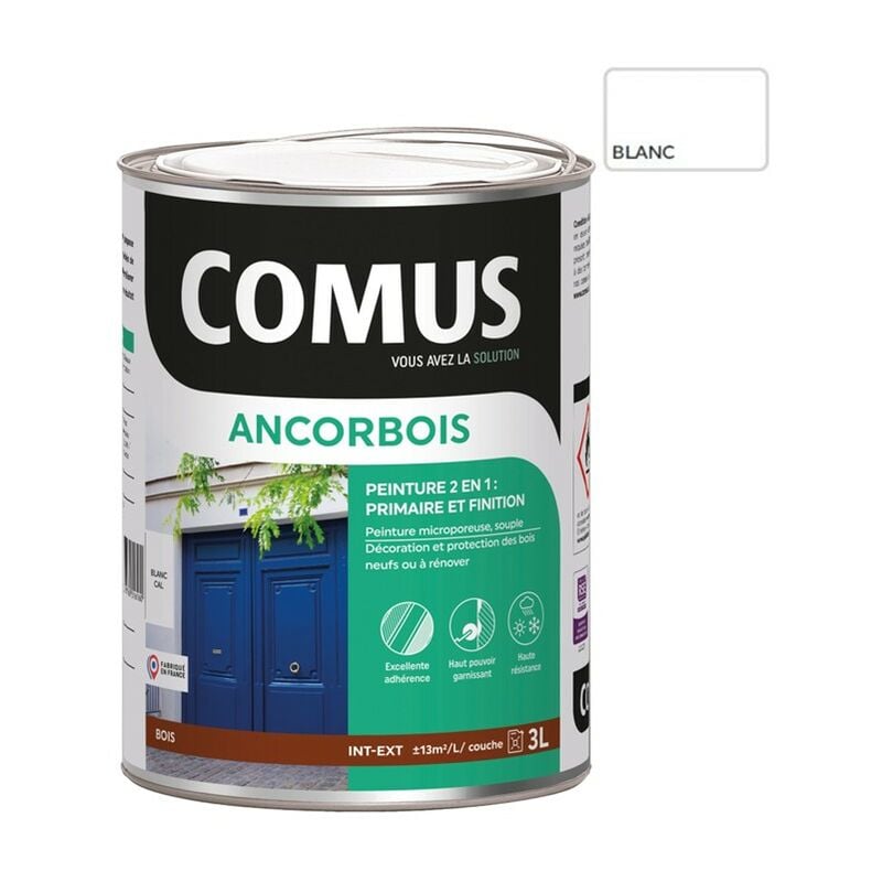 Ancorbois blanc 3L - Peinture de protection et de décoration microporeuse 2 en 1 (primaire et finition) bois