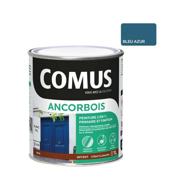 Ancorbois bleu azur ral 5009 1L - Peinture de protection et de décoration microporeuse 2 en 1 bois