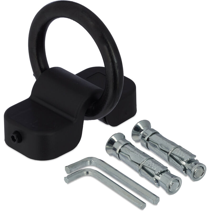 Ancrage mural ou au sol, pour vélo ou moto, anneau de 14 mm, acier, plastique, sécurité, noir - Relaxdays