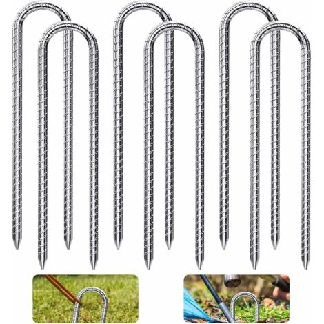 Ancrages de tente en acier galvanisé, crochets de piquet de trampoline, utilisés pour fixer les tentes, les auvents, etc., avec six piquets de sol en forme de U de 8 mm x 30 cm.