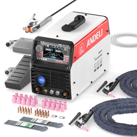 ANDELI AC/DC Poste à souder TIG en aluminium avec impulsion 230V Machine à souder TIG avec pédale, 205Amp Machine à souder à froid Grand écran LCD unique TIG-205 PRO
