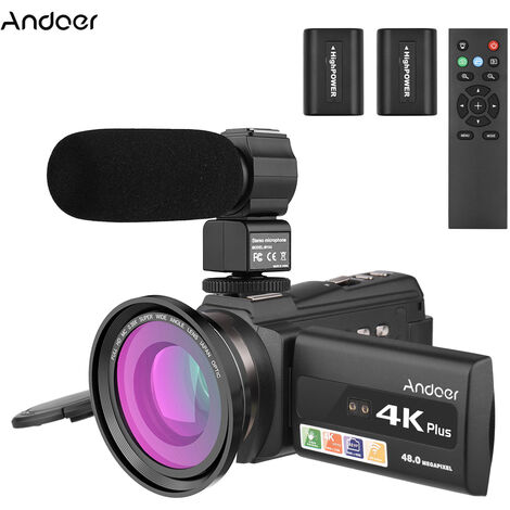 Andoer 4K/60FPS 48MP WiFi Ensemble de Caméra Vidéo Numérique 1 Caméscope Enregistreur + 1 Microphone + 1 Télécommande + 2 Piles + 1 Objectif de Caméra avec Zoom 16X Écran Tactile 3 Pouces IR Infraroug