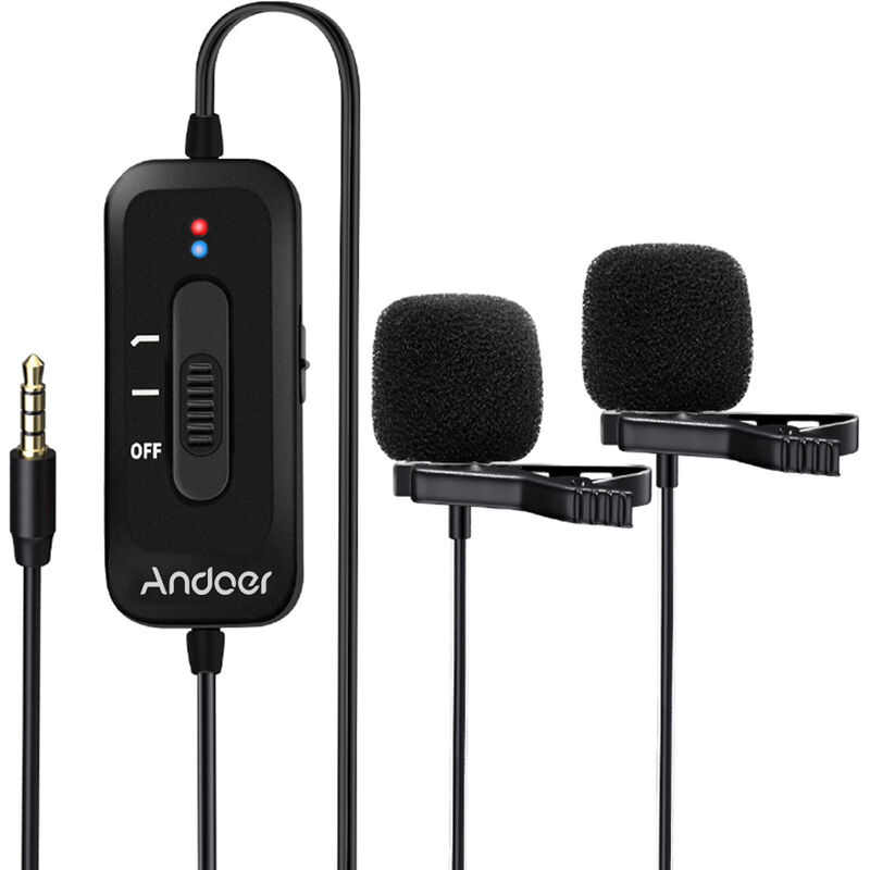 

Andoer AD-M2 Pro - Microfono de solapa con clip con microfono dual omnidireccional, conector de 3,5 mm con adaptador de audio de 6,5 mm para