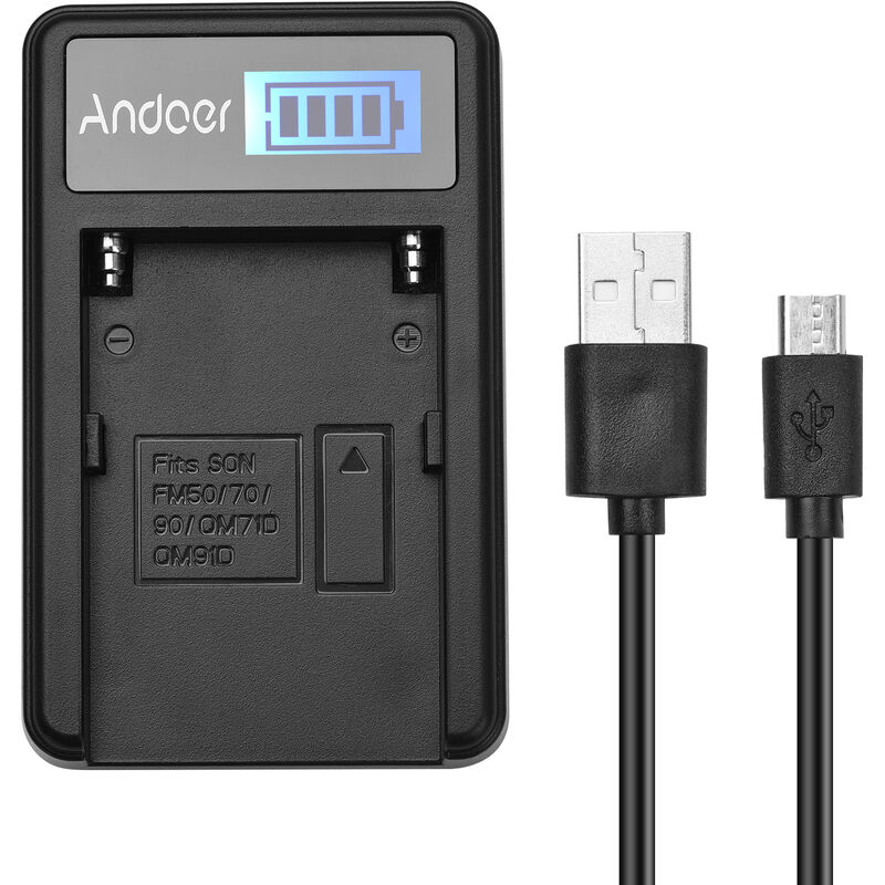 

Andoer - F550 Cargador de bateria Puerto de carga micro USB con pantalla LCD Cable USB para luz de video LED Baterias de camara, Negro