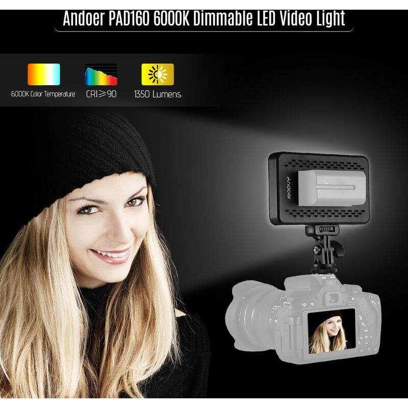 

Andoer PAD160 LED Video Light 6000K Regulable Luz de relleno Panel de luz continua 12W CRI90 + con montaje de camara y filtro CT para camaras DSLR