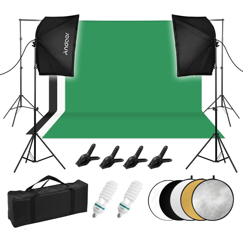 

Andoer Professional Studio Photography Light Kit que incluye 50 * 70cm Softboxes * 2 / 135W 5500K Bombillas * 2 / Soporte de luz de 2M * 2/1 * Juego