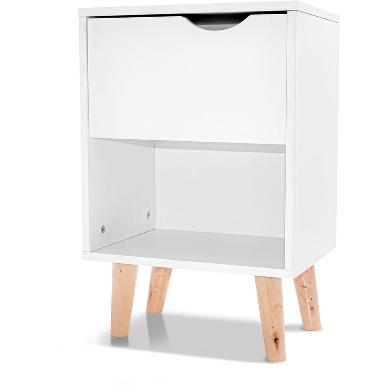 Image of Frankystar - Andrea - Design wooden bedside table with drawer and large shelf. Contemporary Nordic style bedside table, white with neutral pine wood