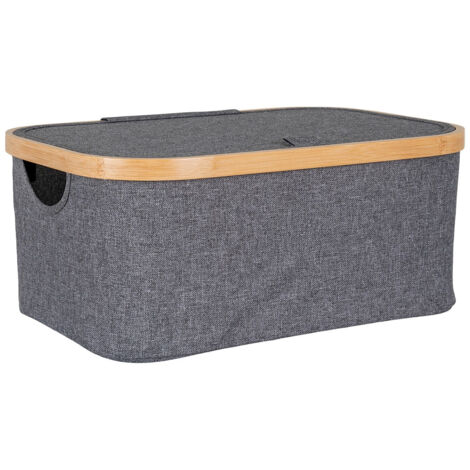 ANDREW - Bac de Rangement en Tissu Gris et Bambou avec Couvercle Petit Modèle