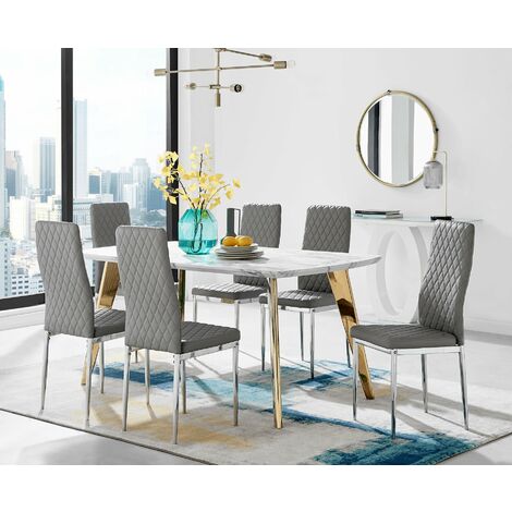 Andria Gold Leg Marble Effect Dining Table and 6 Milan Chairs