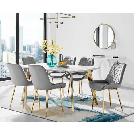 main image of "Andria Gold Leg Marble Effect Dining Table and  6 Pesaro Gold Leg Chairs"