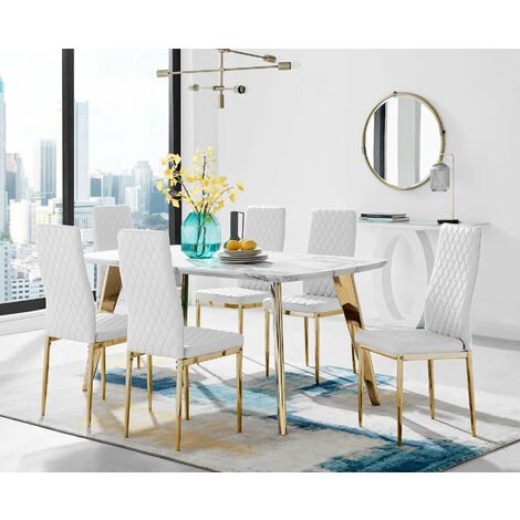 main image of "Andria Gold Leg Marble Effect Dining Table and  6 Gold Leg Milan Chairs"