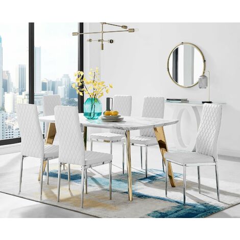 main image of "Andria Gold Leg Marble Effect Dining Table and  6 Milan Chairs"