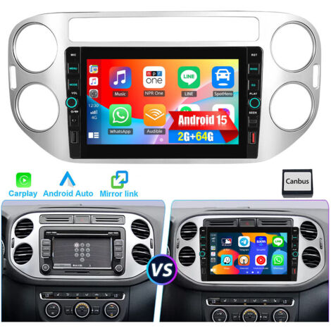 Android 15 pour VW Tiguan 5N 2007-2016 Golf Plus Navigation CarPlay GPS USB Type-C 2+64 Go