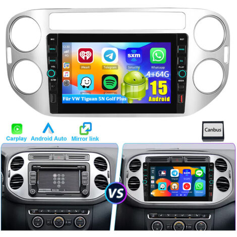 Android 15 pour VW Tiguan 5N 2007-2016 Golf Plus Navigation CarPlay GPS USB Type-C 4+64 Go