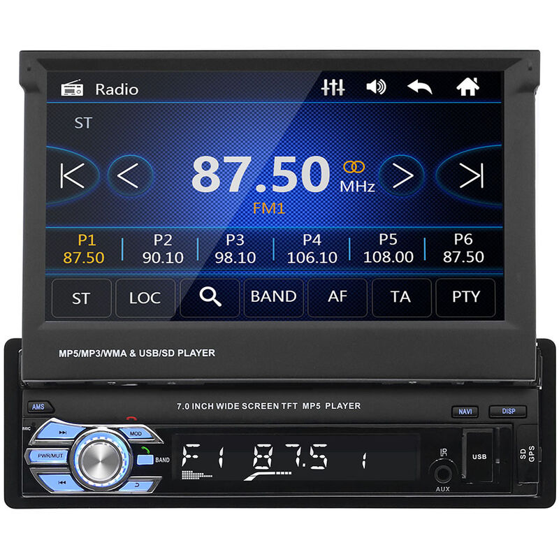 

Android Car Radio 1 Din GPS 7 pulgadas Pantalla táctil capacitiva abatible Bluetooth Radio FM Navegación WiFi Enlace espejo para teléfono Android iOS