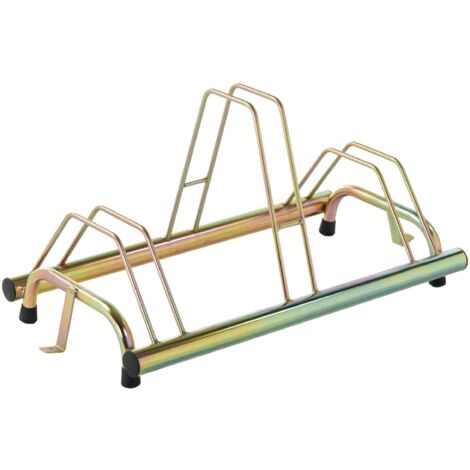 ANDRYS - Rastrelliera Porta Biciclette a Terra 4 Posti con Staffa di Ancoraggio, con Tappi in Pvc Neri, con Posteggio Alto e Basso, Zincatura a Freddo, Colore Tropical Oro, 79 x 42 x 40 cm