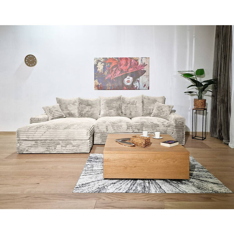 Lisa Design - Andy - canapé d'angle gauche 5 places en fausse fourrure côtelée - beige