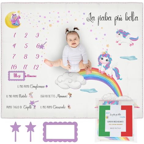 ANDY & HELEN Coperta Mesi Neonato 100% Cotone Made in Italy con Segnamesi - 103x135cm - Unicorno