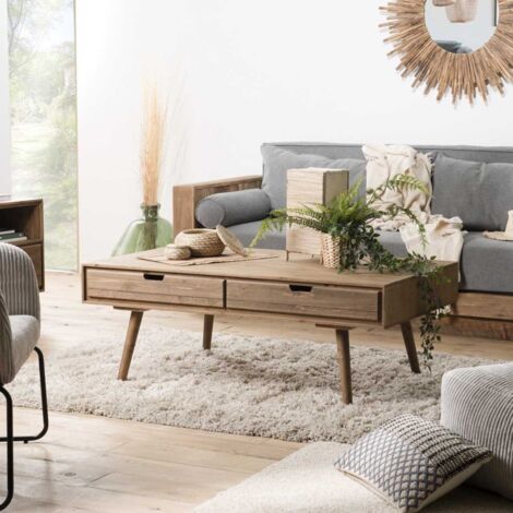 ANDY - Table basse marron scandi rectangulaire 4 tiroirs bois