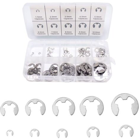 Anelli di fissaggio interni KZQ, anello di fissaggio interno, anello E-Clip, set di anelli di fissaggio E-Clip in acciaio inossidabile, 120 pezzi di anelli di fissaggio E-Clip - Acciaio - 10 misure - 
