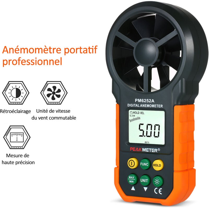 Anémomètre portatif, compteur de vitesse du vent, compteur CFM, thermomètre à débit d'air, avec rétroéclairage LCD