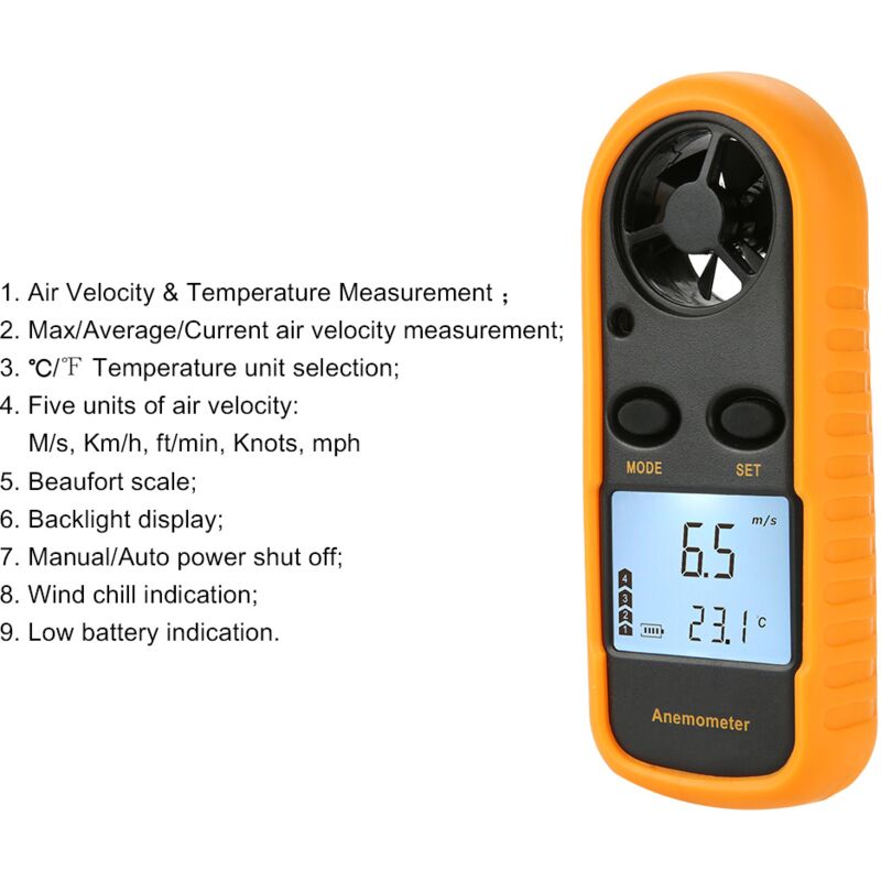 Anémomètre Digital lcd Vitesse du Vent de Mètre Indicateur de Mesure de la Vitesse du Flux d'Air Thermomètre avec Rétro-éclairage