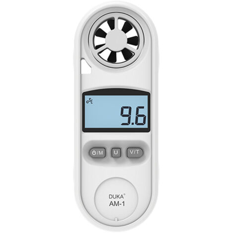 Anemómetro digital DUKA AM-1, mide la velocidad del viento (0,3-30 m/s) y la temperatura (-10-45 °C), pantalla LCD retroiluminada, indicador de sensación térmica, múltiples unidades.
