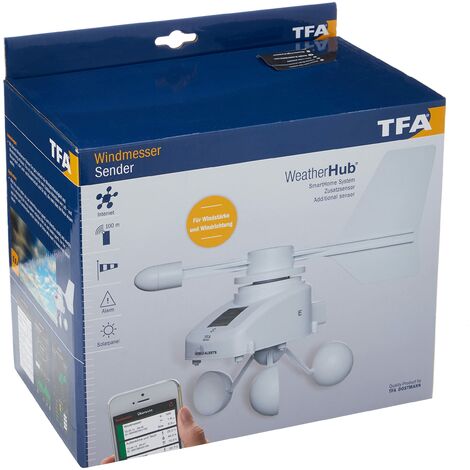 Anemometro radio solare TFA Dostmann Weatherhub, 30.3307.02, monitoraggio tramite smartphone, bianco