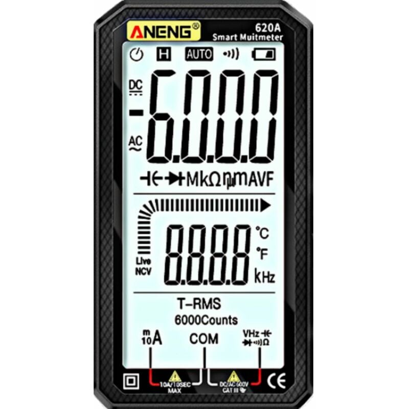 Jusch - aneng 620A Multimètre numérique, avertissement, détection automatique, mesure de courant dc/ac, tension, température, capacité, continuité,