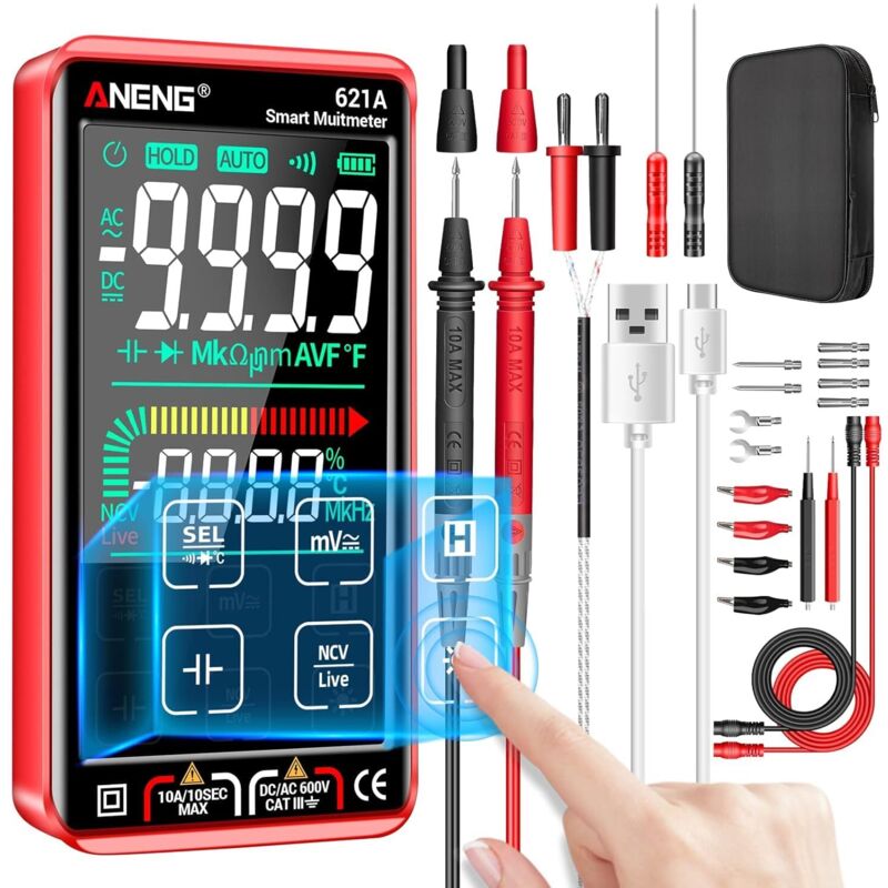 ANENG 621A Multimètre Numérique Testeur Tactile Intelligent,Rechargeable,Sélection Automatique 9999 Points,Courant AC/DC,Tension