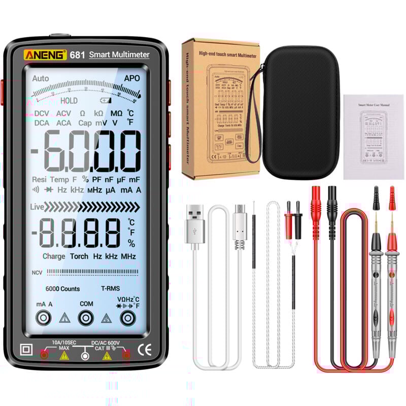 Kkmoon - aneng 681 Multimètre numérique 6000 points Intelligent Anti-brûlure Compteur universel rechargeable Testeur ncv Grand écran lcd de 5 pouces
