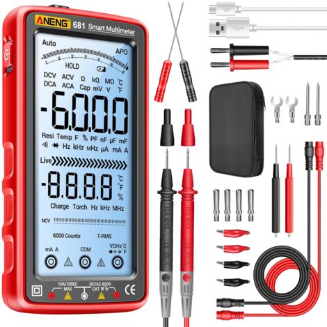 ANENG 681 Multimètre Numérique Testeur Tactile Intelligent Voltmètre Rechargeable à Plage Automatique TRMS 6000 Points,Courant AC/DC,Tension AC/DC,Résistance,Diode,Test De Continuité,Capacité