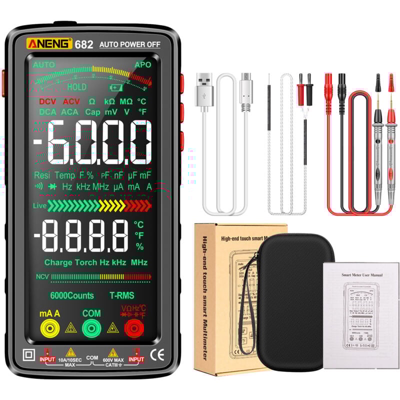 Kkmoon - aneng 682 6000 points grand multimètre numérique lcd intelligent Anti-brûlure compteur universel rechargeable va écran inversé testeur ncv