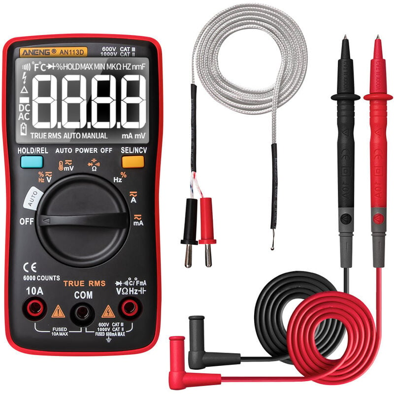 AN113D Digital Multimeter Electrical Meter 6000 Counts DC/AC Current Voltage Tester Meters, Red - Red - Aneng