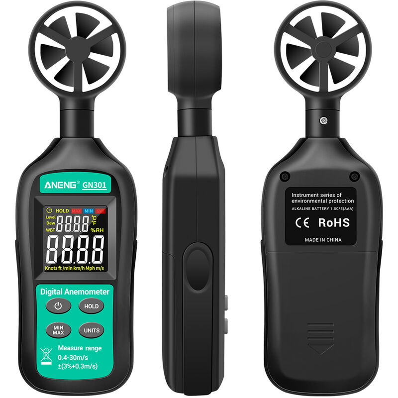 Handheld Digital Anemometer Hochpräziser Windgeschwindigkeits-/Temperaturmesser Digitaler Meteorograph mit LCD-Hintergrundbeleuchtung,Schwarz Grün