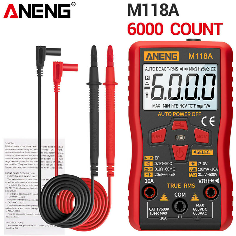 

ANENG M118A Auto Ranging TRMS multimetro digital de alta precision 6000 cuentas Tension Corriente Ohm capacitancia del diodo Multi Tester