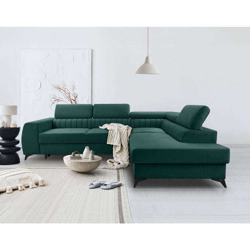 Bestmobilier - Aneta - canapé d'angle droit 5 places - convertible avec coffre et têtières - en velours - vert